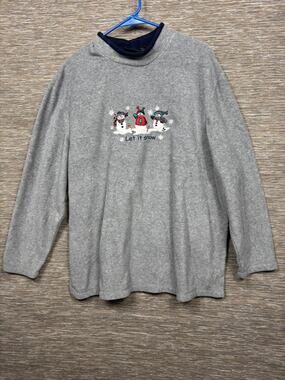 CB Sport Sweatshirt Womens 1X Gray Mock Neck Fleece Pullover Snowman Let It Snow